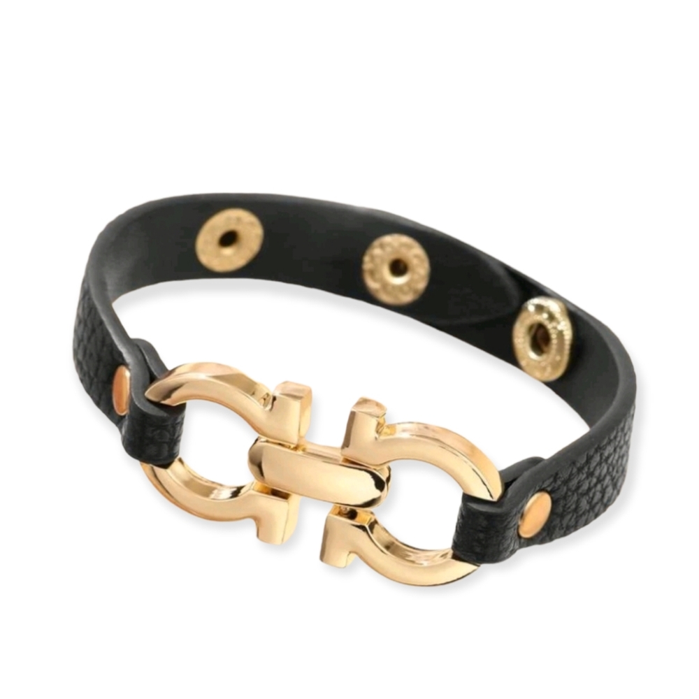 Leather Gancini Style Bracelet with Double Links